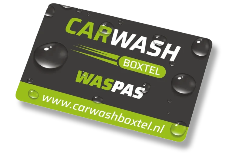 Een grijze en groene Carwash Boxtel waspas met waterdruppels en een websiteadres.
